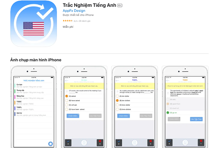 App trắc nghiệm tiếng Anh của AppFx Design