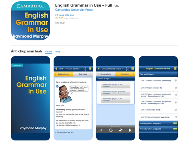 Nội dung trong app được xây dựng dựa trên giáo trình English Grammar In Use của NXB Cambridge