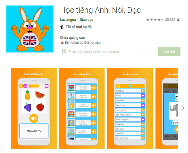 App học từ vựng tiếng Anh miễn phí: Học tiếng Anh: Nói - Đọc