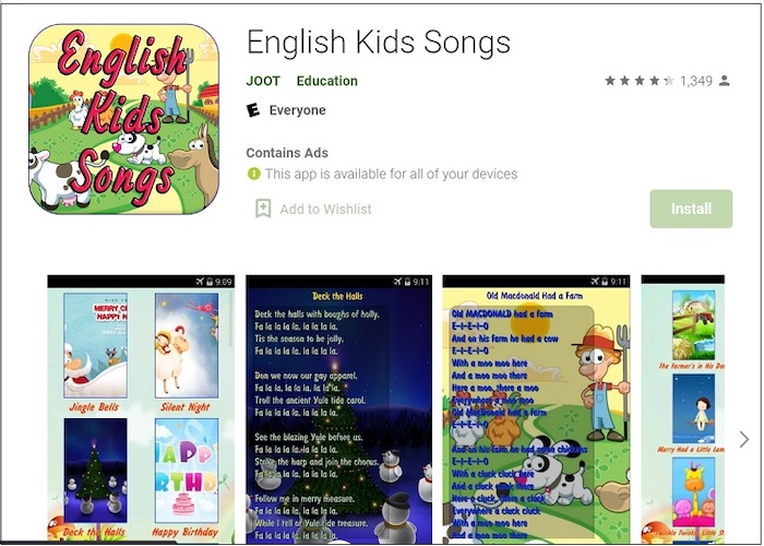 English Kids Songs chứa nhiều bài hát quen thuộc như Happy Birthday, Jingle Bellѕ,...