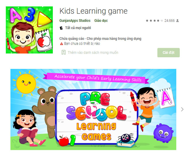 Phần mềm học tiếng Anh lớp 1 miễn phí luyện phản xạ nhanh Kids Learning Game