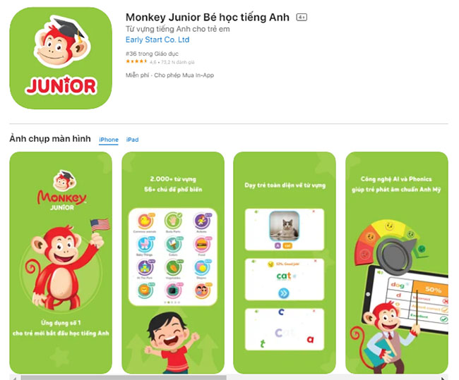 Phần mềm tiếng Anh lớp 3 với gần 2 triệu người dùng Monkey Junior 