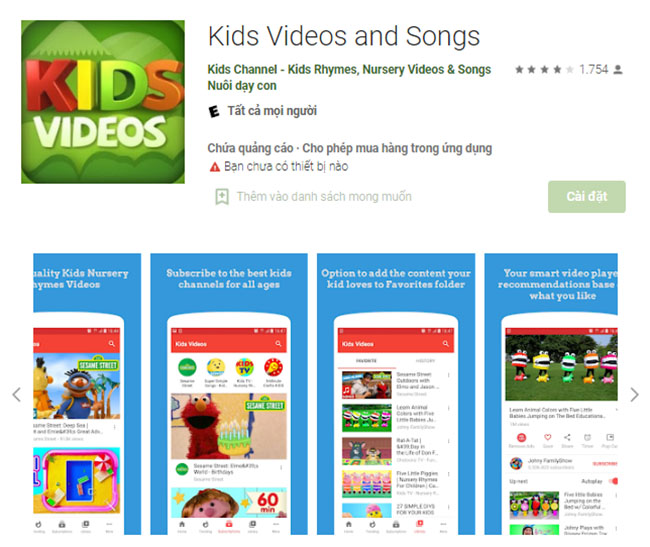 Ứng dụng học tiếng Anh qua bài hát Kids Videos and Songs