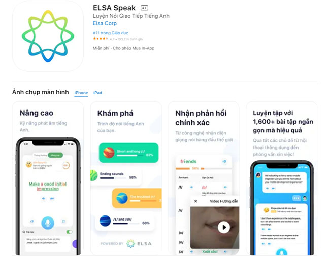 ELSA Speak trang bị hệ thống hơn 800+ bài hội thoại cùng công nghệ trí tuệ nhân tạo AI