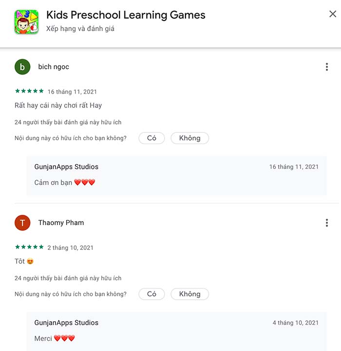 Phụ huynh nói gì về Kids Preschool Learning game