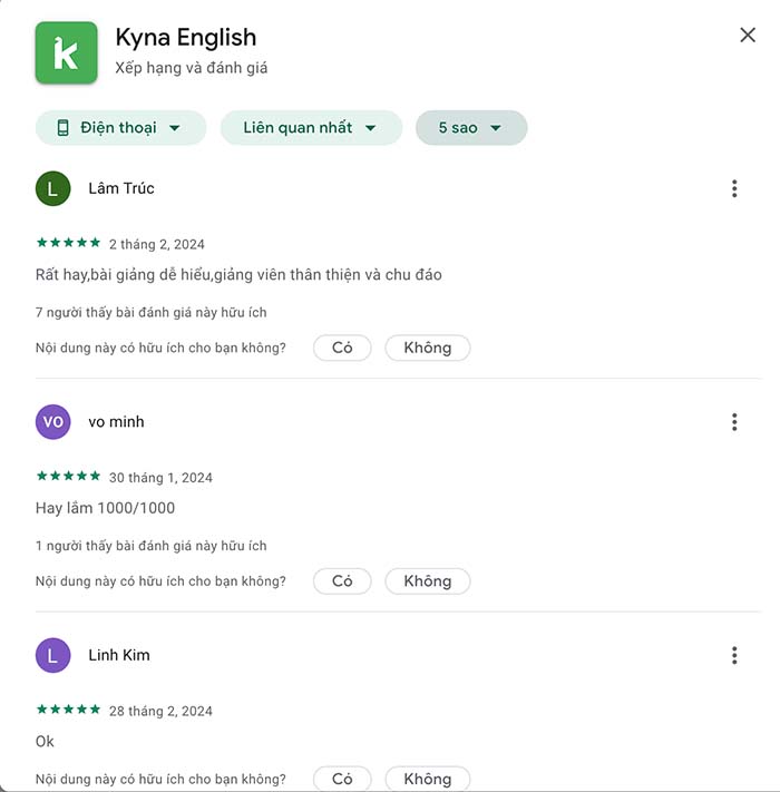 Kyna English được chấm 4.5/5 sao trên Google Play